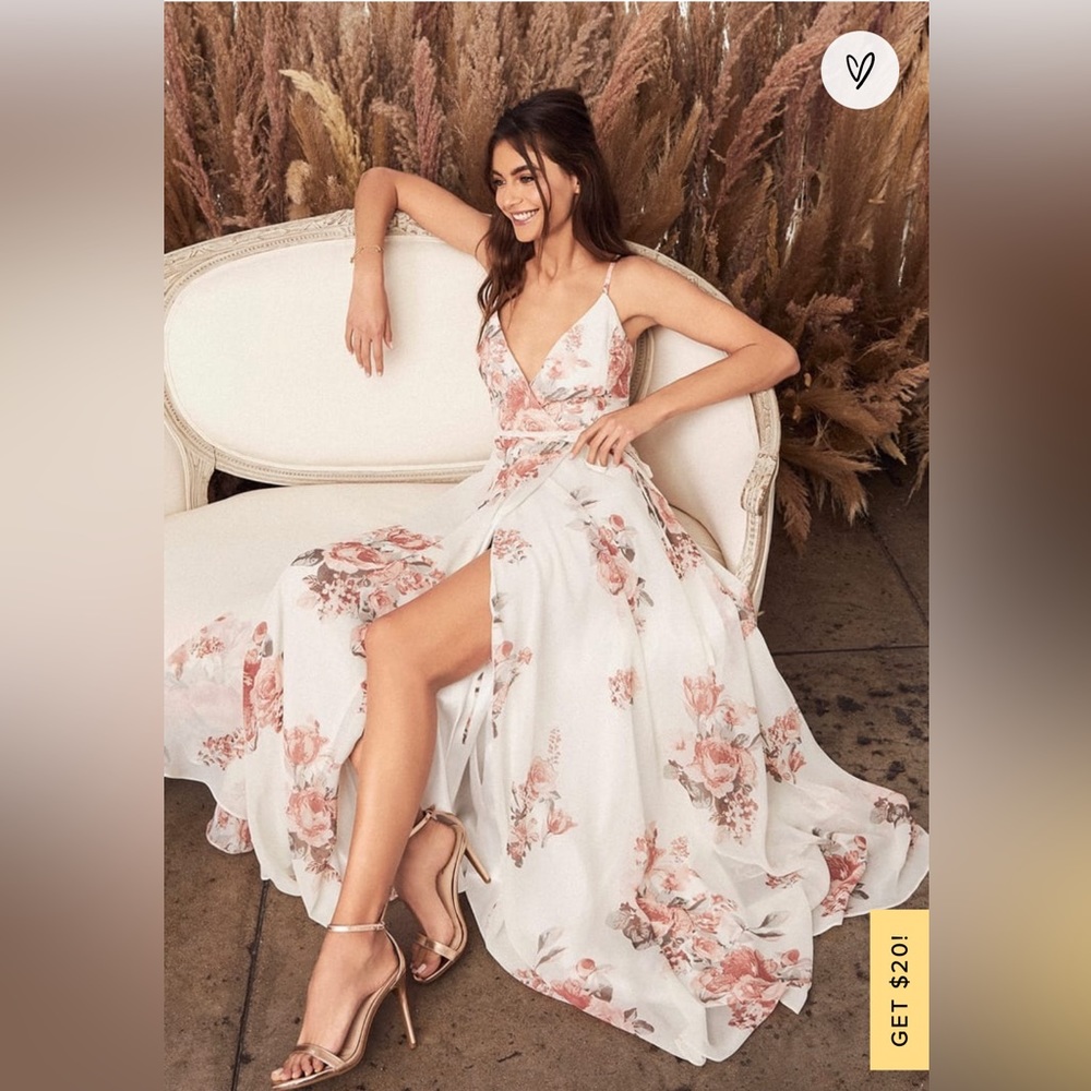 Lulus Cream Floral Wrap Dress